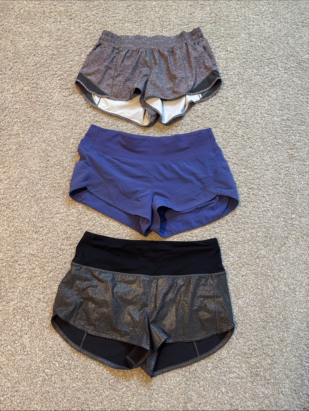 lululemon athletica Women’s Athletic Shorts — 3 pairs Purple, Black, and Gray 8